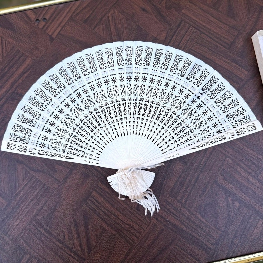 Vintage White Intricate Pierced Folding Hand Fan with Tassel Metal Glass Case